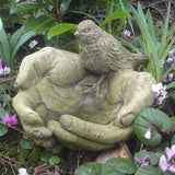 STONE GARDEN BIRD IN HANDS SEED FEEDER BATH ORNAMENT STATUE