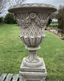 STONE GARDEN PAIR OF LARGE ROSE URNS ON PLINTHS PLANTERS VASES