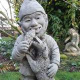 STONE GARDEN GNOME LICKING ICE CREAM WITH DOG ORNAMENT STATUE