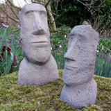 STONE GARDEN PAIR OF MOAI EASTER ISLAND TIKI HEADS STATUES ORNAMENTS