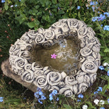 STONE GARDEN ROSES LOVE HEART BIRD BATH FEEDER ORNAMENT
