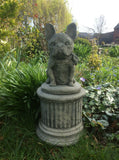 STONE GARDEN SITTING FRENCH BULLDOG ON PLINTH STATUE ORNAMENT