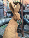 RUSTY COLD CAST IRON GARDEN HARE STATUE ORNAMENT
