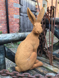 RUSTY COLD CAST IRON GARDEN HARE STATUE ORNAMENT