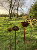 SET OF 3 RUSTY METAL RAIN CATCHER GARDEN STAKES SUPPORTS