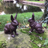 PAIR OF SMALL METAL CAST IRON RABBITS GARDEN ORNAMENTS