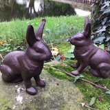 PAIR OF SMALL METAL CAST IRON RABBITS GARDEN ORNAMENTS