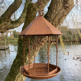 GARDEN HANGING RUSTY METAL PAGODA STYLE BIRD FEEDER