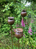 SET OF 3 TALL RUSTY LARGE METAL POPPY STAKES GARDEN PLANT SUPPORTS ORNAMENT