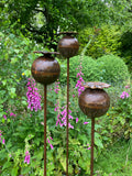 SET OF 3 TALL RUSTY LARGE METAL POPPY STAKES GARDEN PLANT SUPPORTS ORNAMENT