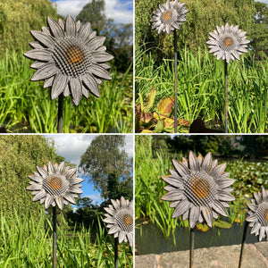 SET OF 3 RUSTY METAL TALL 1.5M SUNFLOWER STAKES GARDEN PLANT SUPPORTS