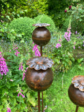 SET OF 3 TALL RUSTY LARGE METAL POPPY STAKES GARDEN PLANT SUPPORTS ORNAMENT