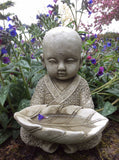 STONE GARDEN SMALL ZEN MONK WITH LEAF BIRD FEEDER DISH