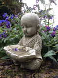 STONE GARDEN SMALL ZEN MONK WITH LEAF BIRD FEEDER DISH