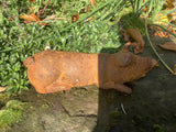 METAL RUSTY CAST IRON LYING PIGLET / PIG STATUE GARDEN ORNAMENT