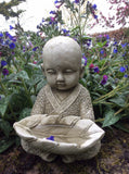 STONE GARDEN SMALL ZEN MONK WITH LEAF BIRD FEEDER DISH