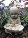 STONE GARDEN SMALL ZEN MONK WITH LEAF BIRD FEEDER DISH