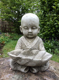 STONE GARDEN SMALL ZEN MONK WITH LEAF BIRD FEEDER DISH