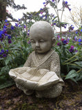 STONE GARDEN SMALL ZEN MONK WITH LEAF BIRD FEEDER DISH