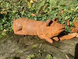 METAL RUSTY CAST IRON LYING PIGLET / PIG STATUE GARDEN ORNAMENT