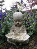STONE GARDEN SMALL ZEN MONK WITH LEAF BIRD FEEDER DISH