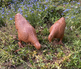 PAIR OF SMALL PAINTED CAST IRON HENS METAL CHICKEN GARDEN ORNAMENTS