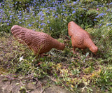 PAIR OF SMALL PAINTED CAST IRON HENS METAL CHICKEN GARDEN ORNAMENTS