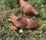 PAIR OF SMALL PAINTED CAST IRON HENS METAL CHICKEN GARDEN ORNAMENTS