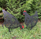 PAIR OF BLACK PAINTED METAL CHICKEN SILHOUETTE GARDEN STAKES