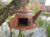 RUSTY METAL HANGING TEAPOT STYLE BIRD HOUSE / FEEDER GARDEN ORNAMENT