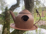 RUSTY METAL HANGING TEAPOT STYLE BIRD HOUSE / FEEDER GARDEN ORNAMENT