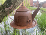 RUSTY METAL HANGING TEAPOT STYLE BIRD HOUSE / FEEDER GARDEN ORNAMENT