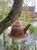 RUSTY METAL HANGING TEAPOT STYLE BIRD HOUSE / FEEDER GARDEN ORNAMENT