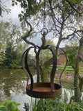 RUSTY METAL HANGING CROWN STYLE BIRD FEEDER GARDEN ORNAMENT