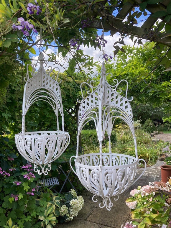 PAIR OF LARGE ORNATE WHITE METAL GARDEN HANGING BASKETS