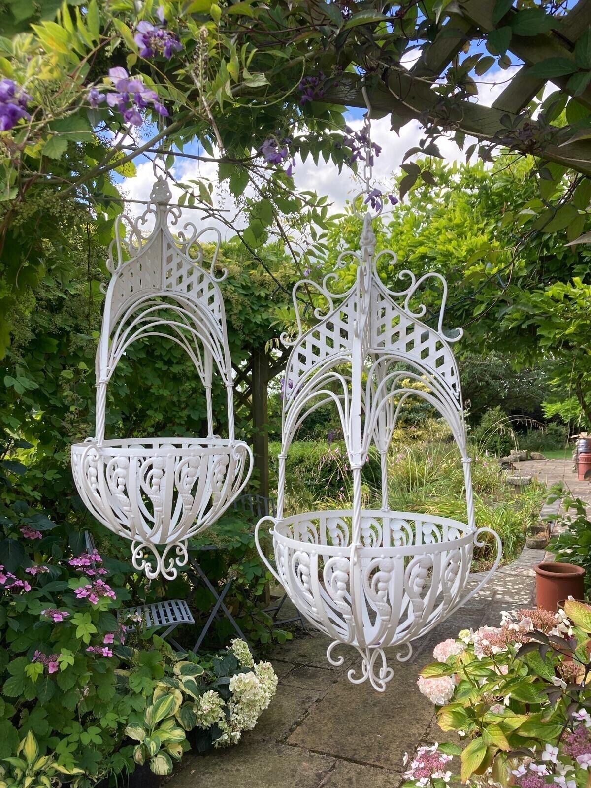 large hanging baskets for plants PAIR OF LARGE ORNATE WHITE METAL GARDEN HANGING BASKETS – Ferney Heyes Garden Products