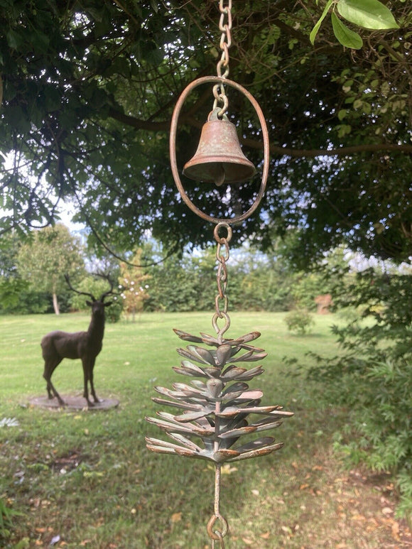 METAL HANGING PINE CONE BELL RAIN CHAIN GARDEN ORNAMENT