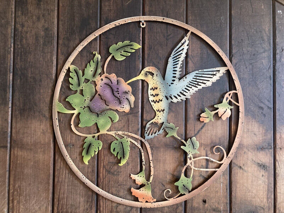 COLOURED METAL HUMMINGBIRD FLORAL WALL ART PLAQUE