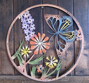 COLOURED METAL BUTTERFLY FLORAL WALL ART PLAQUE