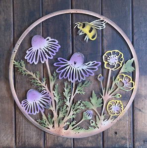 COLOURED METAL BEE & VIOLA FLORAL WALL PLAQUE