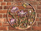 COLOURED METAL BEE & VIOLA FLORAL WALL PLAQUE