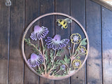 COLOURED METAL BEE & VIOLA FLORAL WALL PLAQUE