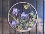 COLOURED METAL BEE & VIOLA FLORAL WALL PLAQUE