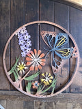 COLOURED METAL BUTTERFLY FLORAL WALL ART PLAQUE