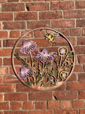 COLOURED METAL BEE & VIOLA FLORAL WALL PLAQUE