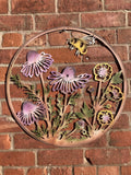 COLOURED METAL BEE & VIOLA FLORAL WALL PLAQUE