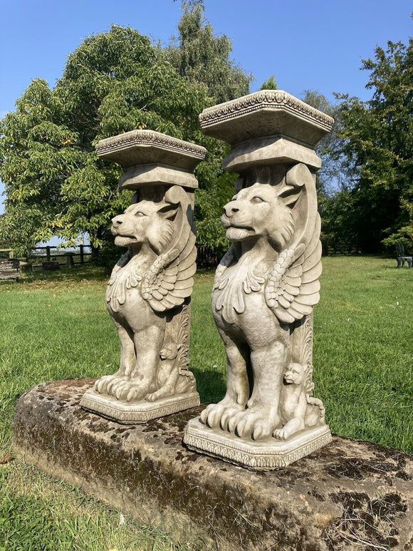 STONE GARDEN PAIR OF LARGED WINGED LION STANDS / PLINTHS - FLAT BACKED