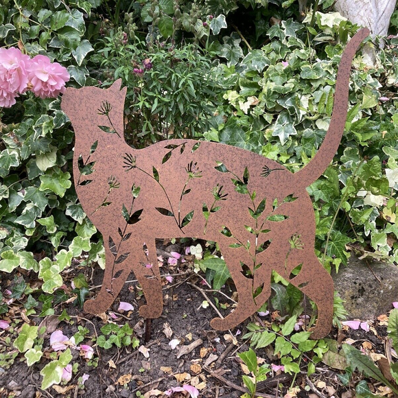 BROWN METAL FLORAL CAT GARDEN STAKE ORNAMENT