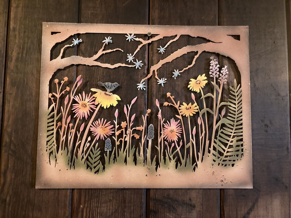 COLOURED METAL RECTANGULAR MEADOW FLOWERS & BIRD WALL ART PLAQUE