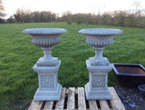 STONE GARDEN VICTORIAN STYLE PAIR OF URNS ON PLINTHS PLANTERS